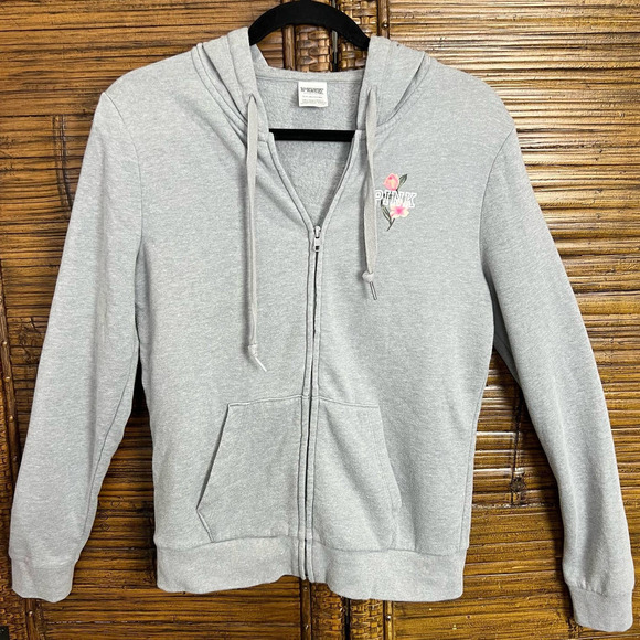 Victoria's Secret PINK Y2K Heathered Gray Full Zip Flower HOODED SWEATSHIRT S - Picture 2 of 4